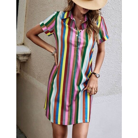 Striped Multicolor Short Sleeve Polo Collar shirt Dress M fun whimiscal summer - Picture 1 of 6